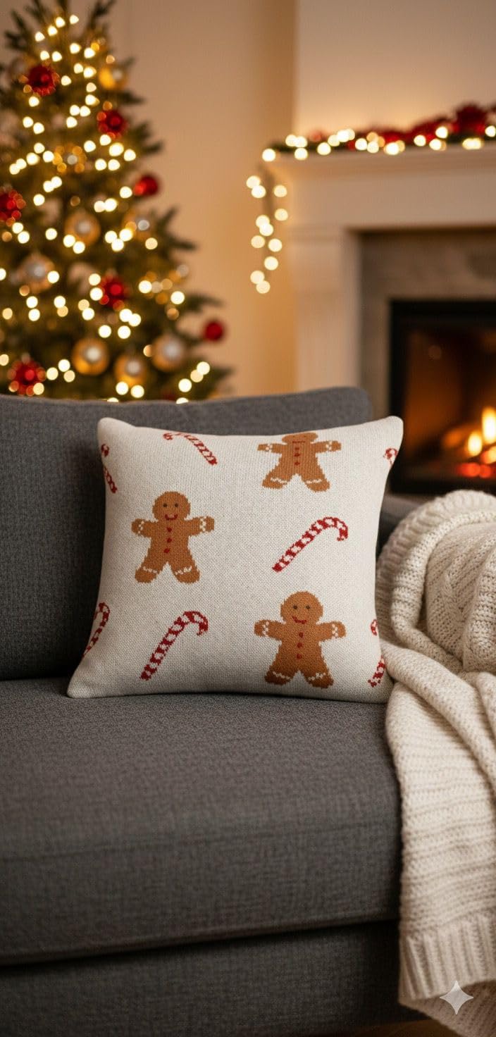 Christmas Decorative Throw Pillow Cover, White with Gingerbread Man and Candy Cane Pattern, Cotton Knit, Holiday Home Decor Pack of 2