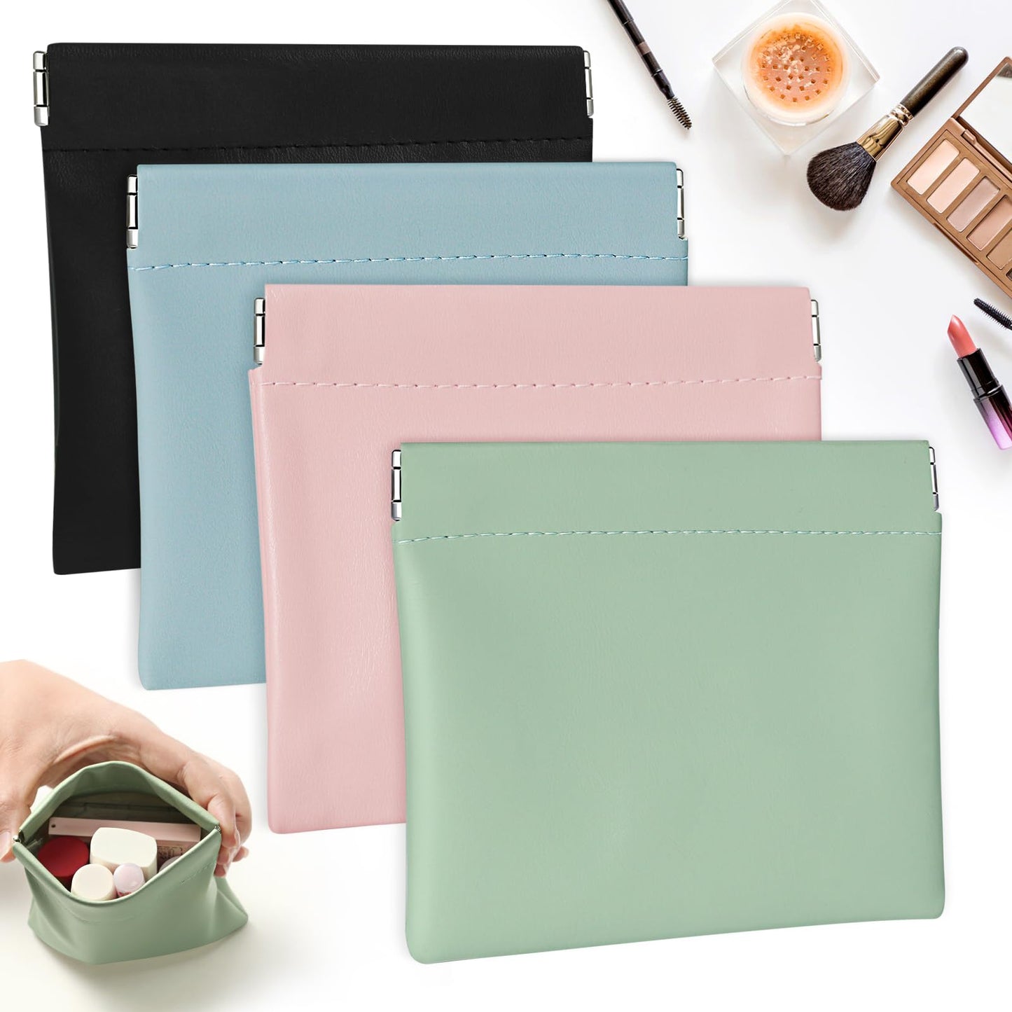 Ruetail Leather Pocket Cosmetic Bag for Purse,4Pcs Waterproof Portable No Zipper Self-closing Cosmetic Bags for Coin Purse Lipstick Cosmetic Accessories Organizer, Travel Kit Storage