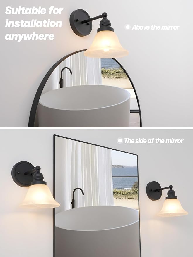 Black Wall Sconce, Vintage Bathroom Vanity Light with Milk Glass Modern Sconces Wall Lighting for Living Room Bedroom Kitchen Hallway Stairway E26 Hardwire Indoor
