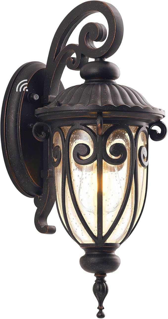 Outdoor Wall Light with Dusk to Dawn Sensor, 18 Inch Exterior Wall Lantern Fixture for House, Bronze Outside Porch Lighting with Clear Seeded Glass for Garage Front Door, Aluminium