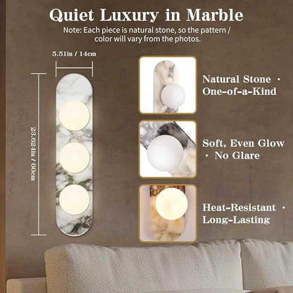 Natural Marble Wall Sconce with Alabaster Glass Globe, Modern Hardwired Wall Light Fixture for Bedroom, Bathroom, Dining Room, Hallway, Stairs (3-Light Sconce)