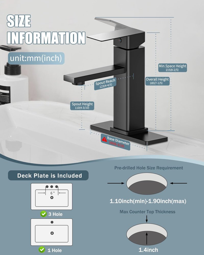 Casavilla Bathroom Faucets Set with Pop Up Drain, Modern Single Handle Black Bathroom Sink Faucet w/Deck Plate(1 or 3 Hole), Farmhouse RV Vanity Sink Faucet-2 Sets, baño lavamanos Llave