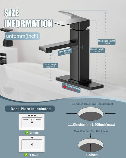 Casavilla Bathroom Faucets Set with Pop Up Drain, Modern Single Handle Black Bathroom Sink Faucet w/Deck Plate(1 or 3 Hole), Farmhouse RV Vanity Sink Faucet-2 Sets, baño lavamanos Llave