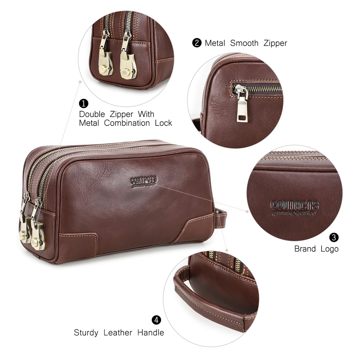 CONTACTS Full Grain Leather Toiletry Bag with Lock for Men Travel Bag Shaving Dopp Kit Organizer Clutch with Handle and Double Combination Lock