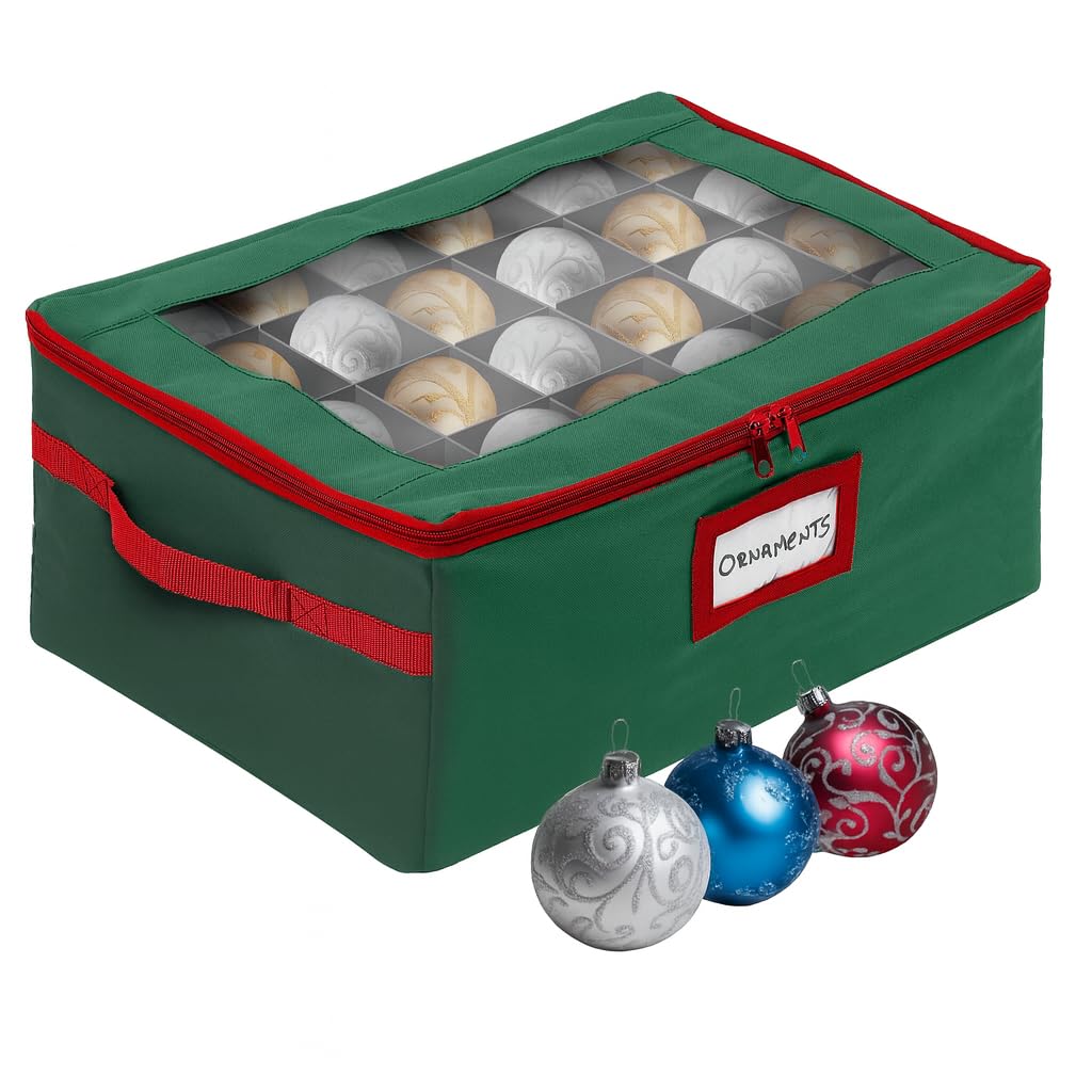 HOLDN’ STORAGE Christmas Ornament Storage Box with Dividers - Fits 48-3” Ornaments, 2 Removable Trays, Durable & Space-Saving, Clear Top Lid, Fits Underbed, Green