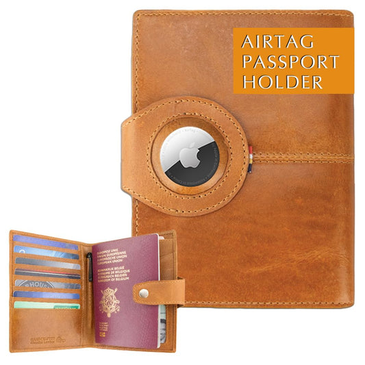 GARZINI Passport Holder with AirTag, Passport Wallet with RFID, Travel Accessories, Travel Document Holder with ID Window, Leather Passport Holder for 7 Cards, Brushed Cognac