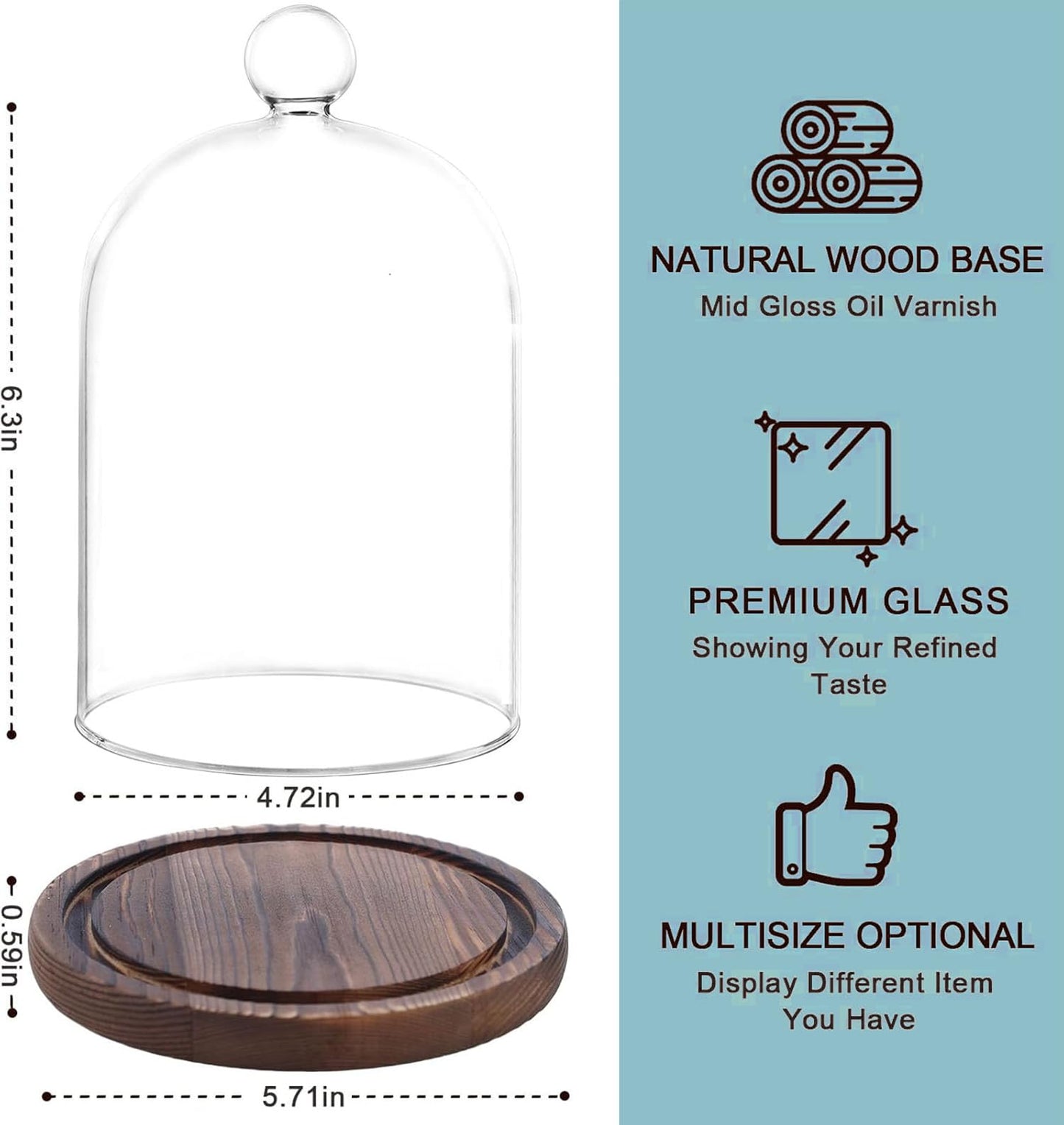 PCYMYN Glass Cloche Dome Bell Jar Display Case with Small Ball Top and Wooden Base for Plant,Collectibles (Medium:4.7 * 6.3 inches)
