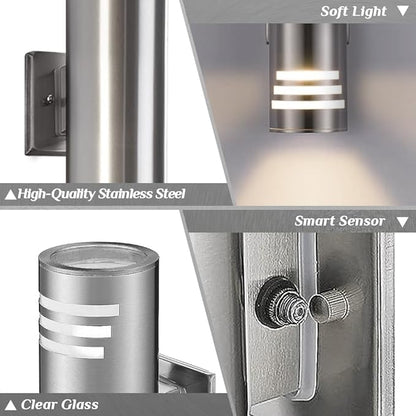 SHIMR Dusk to Dawn Outdoor Wall Light, Exterior Light Fixture Stainless Steel, Outdoor Sconce Lights Cylinder, Waterproof Up and Down Light Wall Mount Electroplated Silverl Finsh, LED Bulbs Include