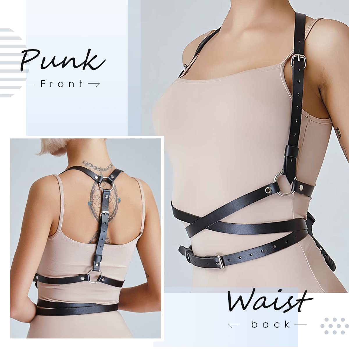 Punk Waist Leather Chain Belt Harness Strappy Adjustable Body Accessories for Women and Girl