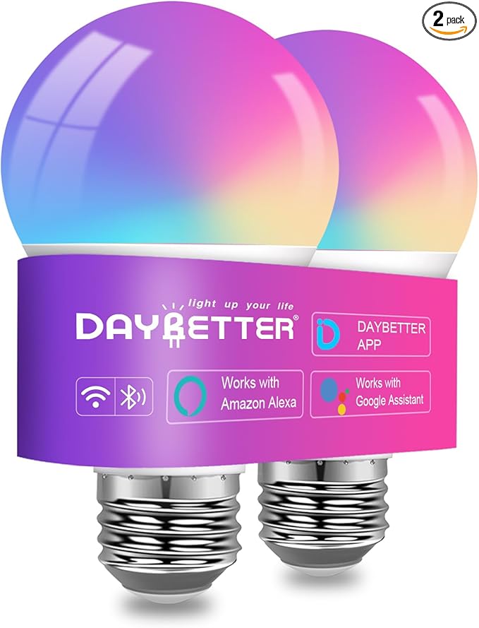 DAYBETTER Smart Light Bulbs, Smart Bulb That Compatible with Alexa & Google Home, 2.4G WiFi Bluetooth Alexa Light Bulbs, RGBCW Color Changing LED Light Bulb, 60W Equivalent, 800LM, 2Pack