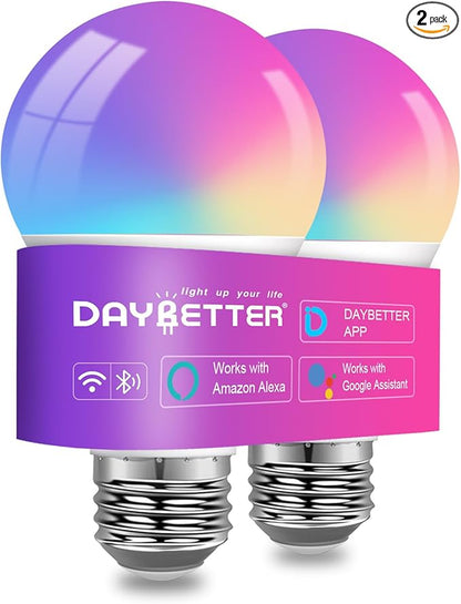 DAYBETTER Smart Light Bulbs, Smart Bulb That Compatible with Alexa & Google Home, 2.4G WiFi Bluetooth Alexa Light Bulbs, RGBCW Color Changing LED Light Bulb, 60W Equivalent, 800LM, 2Pack