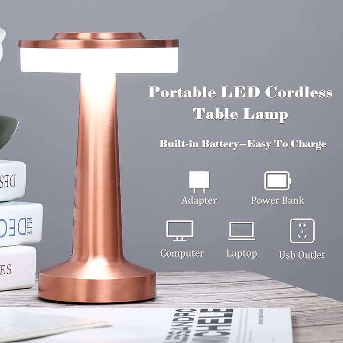 Riakrum Set of 2 LED Portable Cordless Table Lamp with Touch Sensor 3 Color Stepless Dimming Rechargeable Battery up to 15 Hours Cordless Table Light Wireless Lamp for Nursery(Rose Gold,2 Pcs)