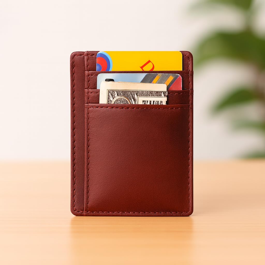PavinCrafter Slim Leather Wallet for Men & Women – Minimalist Front Pocket Card Holder, Small Money Clip Wallet, Genuine Leather Credit Card Case (Wine)