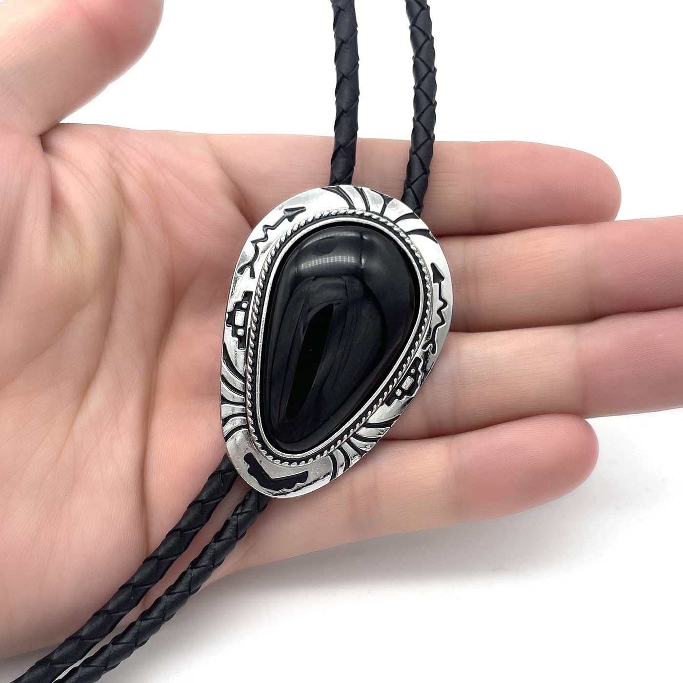 QUKE Black Stone Bolo Tie Native Western Cowboy Hand-woven Leather Bola Tie Necktie for Men Women