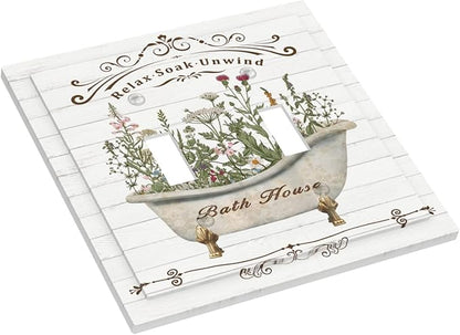 Rustic Farmhouse Wooden Board Botanical Flower Double Toggle Light Switch Cover Decorative 2 Gang Wall Plate Electrical Switchplate Faceplate for Bathroom Kitchen Decorate Accessories