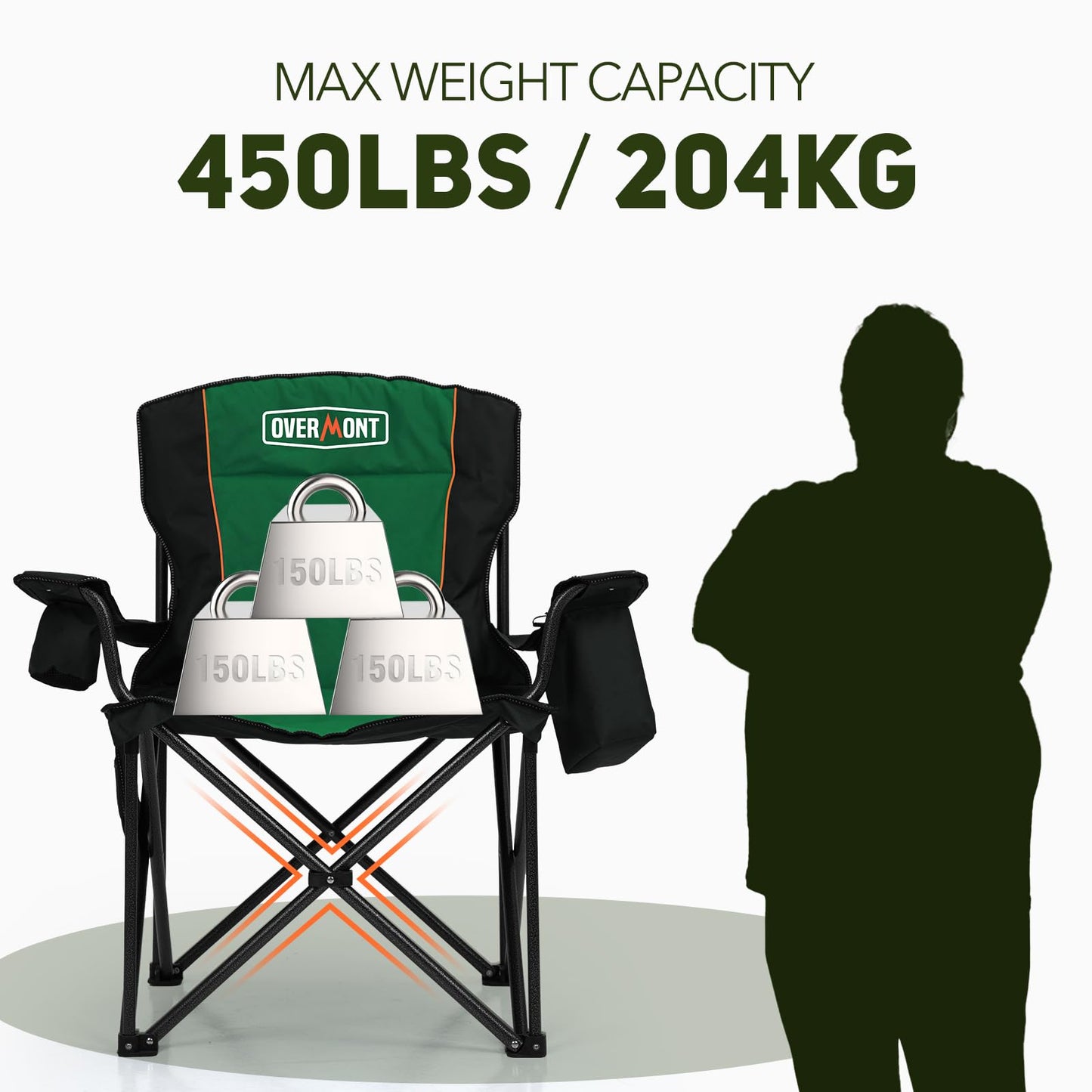 Overmont Oversized Folding Camping Chair - 450lbs Support with Padded Cushion Cooler Pockets - Heavy Duty Collapsible Chairs for Sports Garden Beach Fishing Green