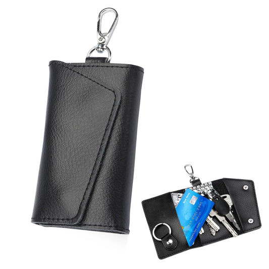 KyeeaDIY Leather Key Case Wallet, Keychain Key Holder with 6 Hanging Buckle Hooks Snap Unisex Coin Pouch Card Holder (Black)