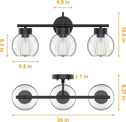 EAPUDUN 3 Lights Vanity Light Fixtures Over Mirror, Matte Black Farmhouse Bathroom Light Fixtures with Clear Glass Shades,Industrial Wall Light Fixture for Bathroom Over Mirror WLA1435-MBK