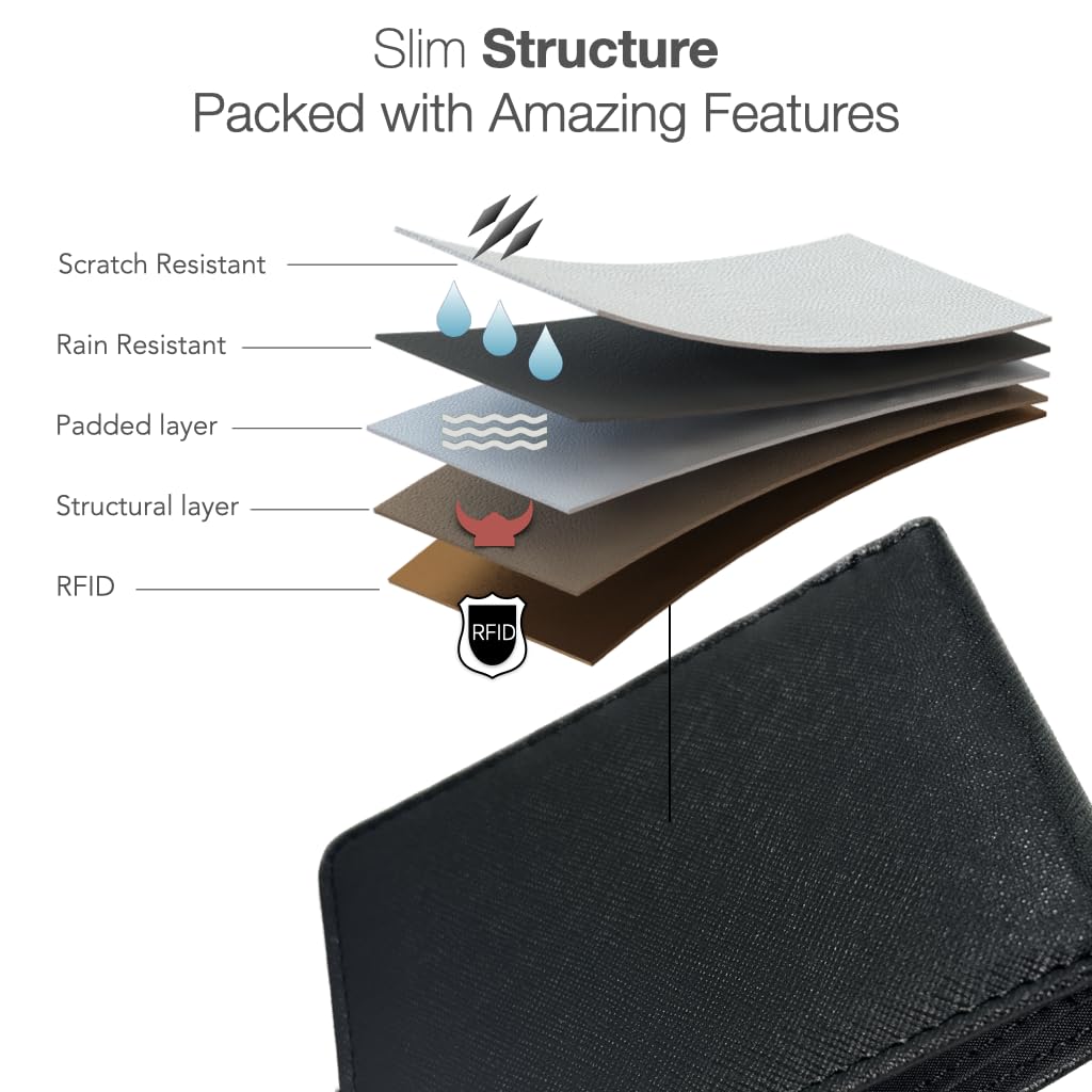 CardGear RFID Blocking Full Size Bifold Wallet with 8 Card Slots, 1 Key Pocket, Cash Divider, and Large ID window, Come with ECO-friendly Gift Box (Vegan Leather, Black)