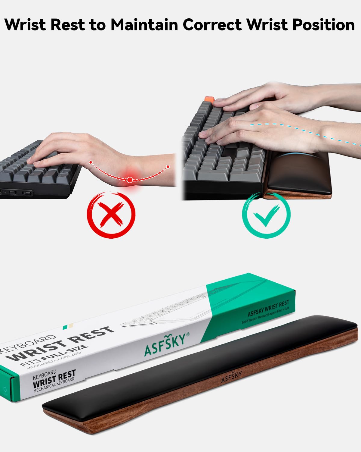 ASFSKY Keyboard Wrist Rest, Ergonomic Memory Foam Wrist Pad with PU Leather & Wooden Base, Non-Slip and Easy-to-Clean Design, Wrist Support for Mechanical Keyboard, Gaming & Office Use (Black)