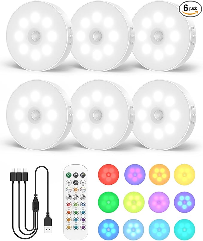 6-Pack RGB Rechargeable Puck Lights with Remote, 13 Color Motion Sensor Puck Lights, Magnetic Stick on Light, Dimmable Under Cabinet Lights for Shelf, Bedroom, Kitchen