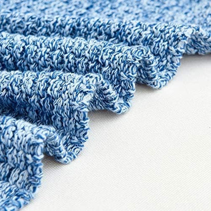 Longhui bedding Blue Knitted Throw Blanket for Couch, Soft, Cozy Machine Washable 100% Cotton Sofa Knit Blankets, 60 x 80 Inches Oversized, Blue and White Color, Laundry Bag Included