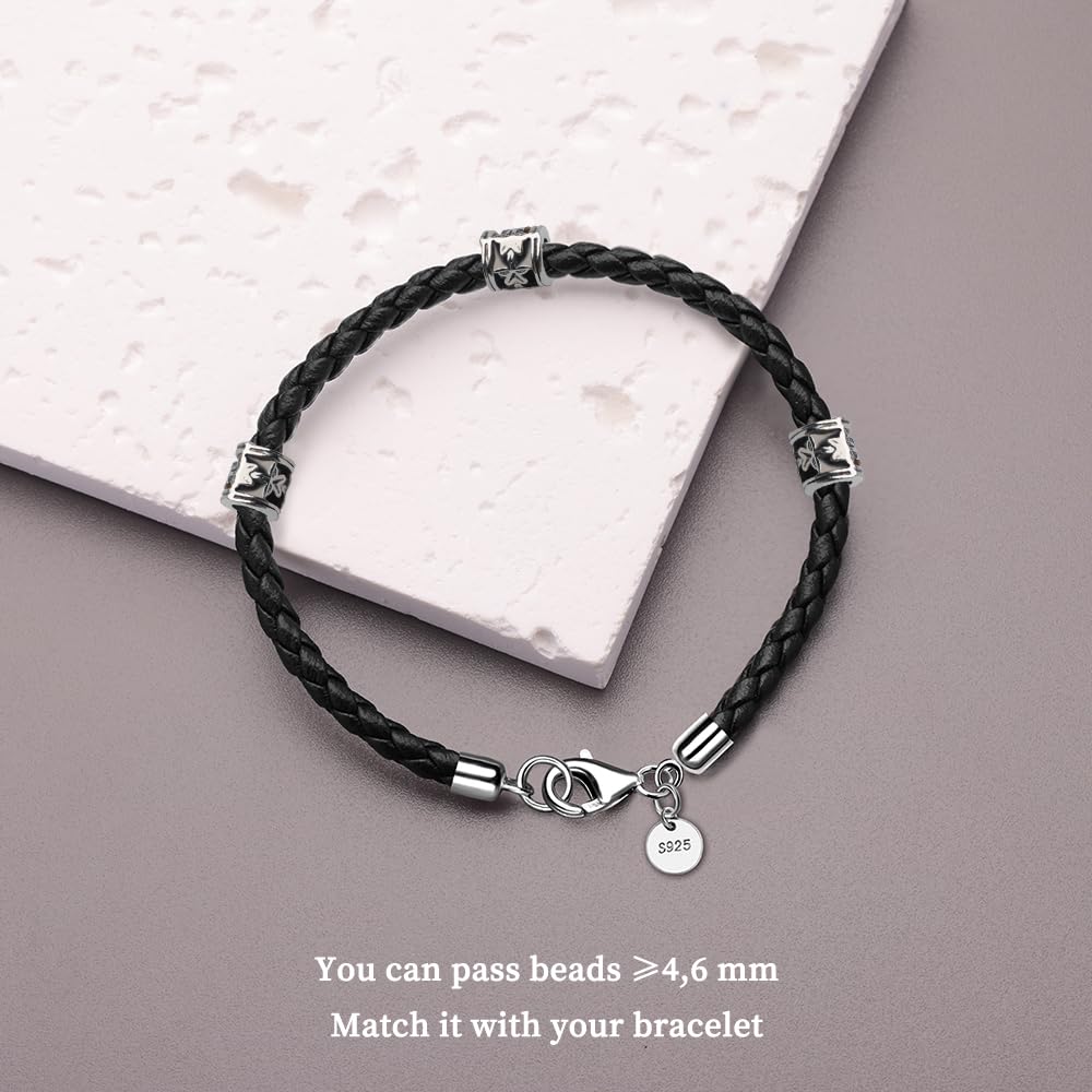 JEVINDA Leather Bracelet for Men Women 4MM Braided 925 silver Clasp 20/21cm with Jewelry Gift Box Handcrafted (Black, 8.2'')