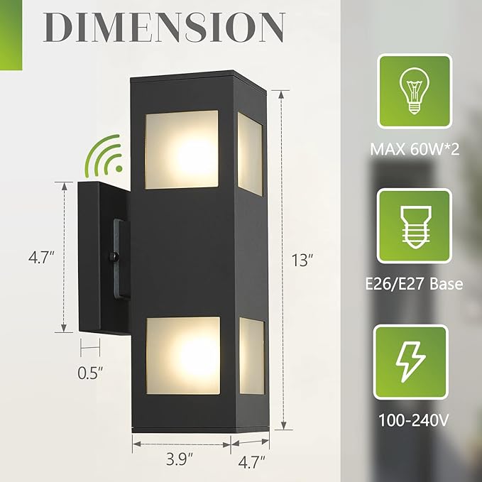 Outdoor Wall Light, Dusk to Dawn Outdoor Light Fixture, 13" Waterproof Black Outdoor Lights Modern, Large Up Down Exterior Lighting Fixture for Patio, Garage, Hallway, Doorway