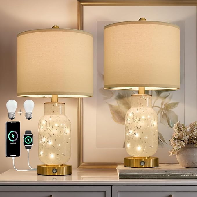Oneach 22" Glass Table Lamps Set of 2, White Modern Bedside Lamp with LED Night Light for Living Room, Nightstand Lamp with USB Ports for Bedrooms, Study Room, End Table(2 Bulbs Included)