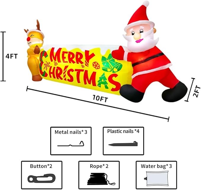 KOOY 10FT Christmas Inflatables Outdoor Decorations Santa and The Deer,Blow up Yard Decorations with LED Light Up for Xmas,Outdoor Christmas Decorations for Yard Holiday Party Garden Lawn Décor