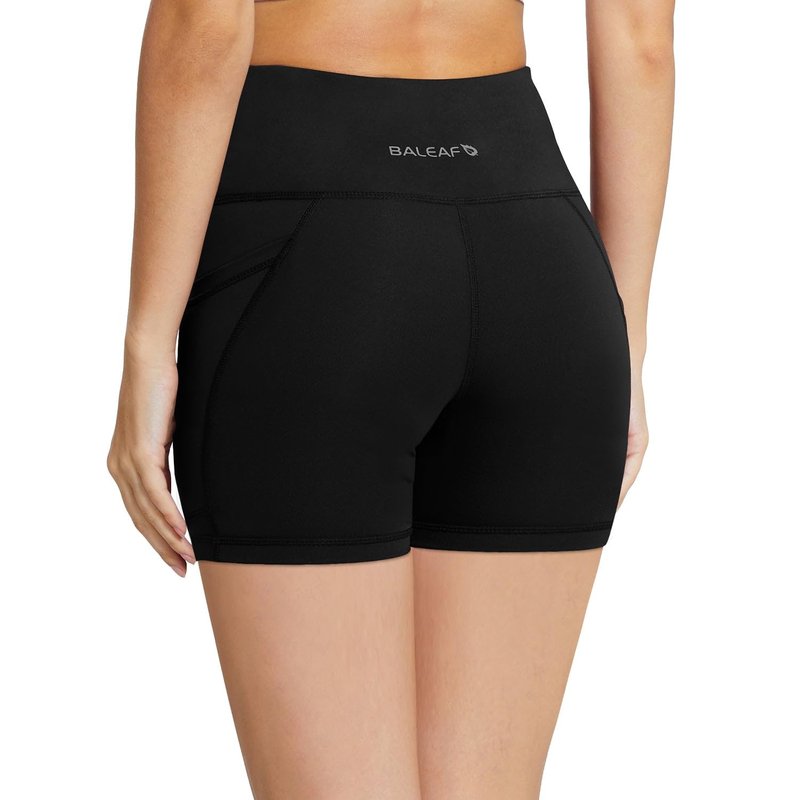 baleaf Biker Shorts Women Yoga Gym Workout Spandex Running Volleyball Tummy Control Compression with Pockets 5" 2-Pack Black/Black L