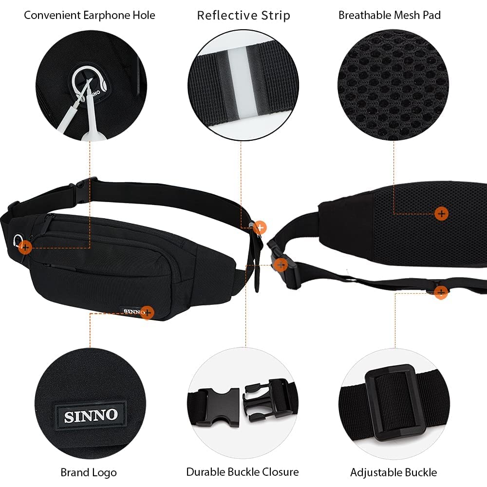SINNO Black Fanny Packs for Women Men Fashionable Waterproof Belt Bag Gifts for Running Sport Workout Hiking Travel Crossbody Plus Size Waist Pack Phone Bag Wallets Purse Carrying All Phones