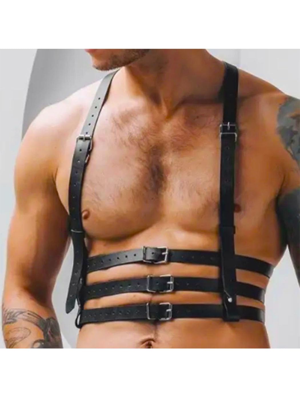 Fstrend Men's Mardi Gras Chest Harness, Faux Leather Shoulder Strap Belt, Black Fashion Rave Outfits Body Accessory