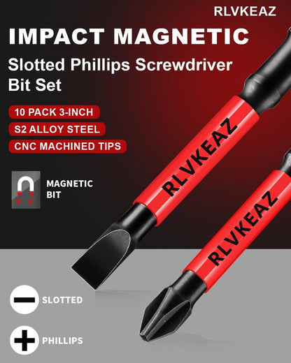 10-PCS 3" Long Magnetic Screwdriver Bits Set: Phillips Bits #1/#2/#3 & Slotted Head - S2 Alloy Steel, 1/4" Hex Shank for Impact Driver, Power Drill - Pro & DIY