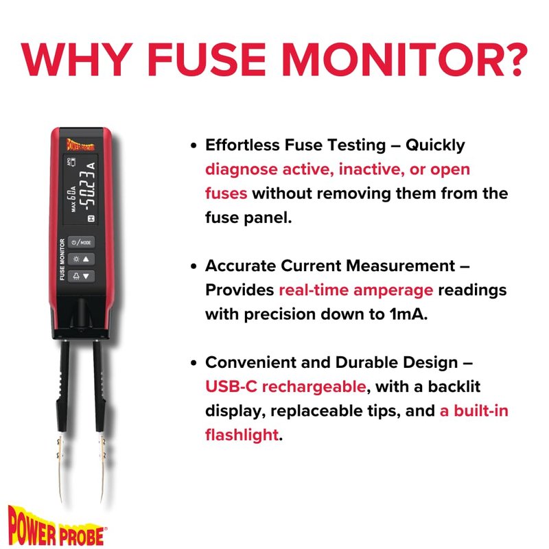 Power Probe PPFUSE Fuse Monitor - Circuit Tester for Mini, Maxi & ATC Fuses – Live Current Readings Up to 80A – Replaceable Tips, and Built-in Flashlight