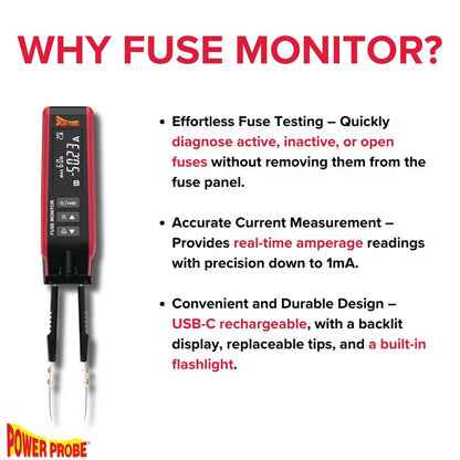 Power Probe PPFUSE Fuse Monitor - Circuit Tester for Mini, Maxi & ATC Fuses – Live Current Readings Up to 80A – Replaceable Tips, and Built-in Flashlight