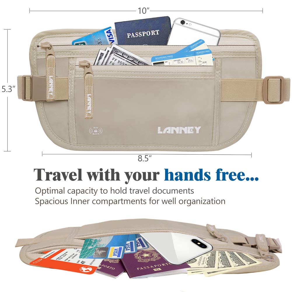 Travel Money Belt for Men Women RFID Blocking Concealed Waist Wallet Pouch Hidden Under Clothes Passport Holder Antitheft Waist Stash Bag for Travelling, Bonus 10 Credit Card Sleeves, Cream