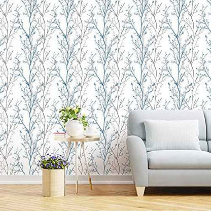 WENMER Grey Blue Tree Branches Contact Paper 17.71' x 118' Peel and Stick Self-Adhesive Removable Wallpaper for Bedroom Living Room Walls