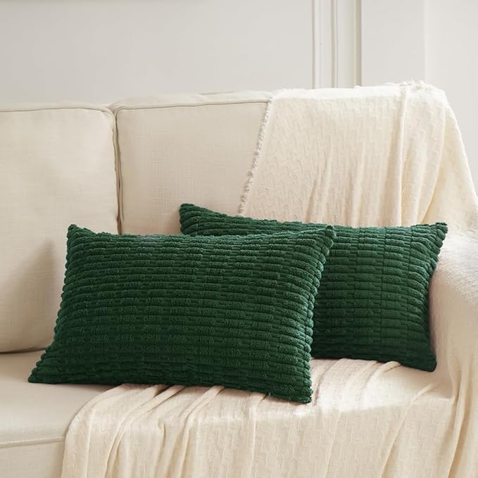Fancy Homi Boho Dark Green Decorative Throw Pillow Covers 12x24 Inch for Couch Bed Sofa, Rustic Modern Farmhouse Home Decor, Soft Plush Corduroy Cute Square Cushion Case 30x60 cm