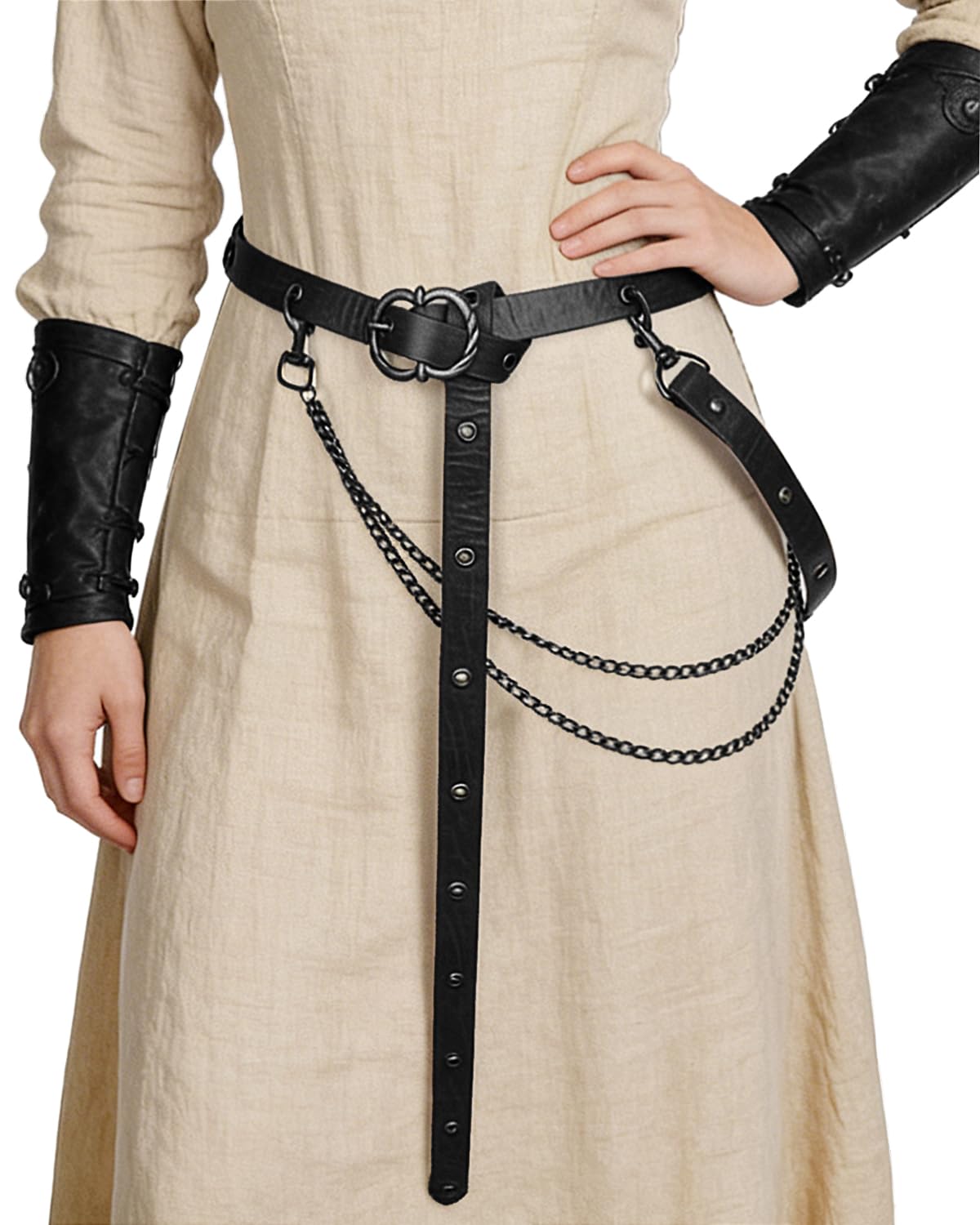 L'VOW Medieval Chain Leather Belt for Women Vintage Thin Belt for Renaissance Dresses Cosplay(StyleB,Black)