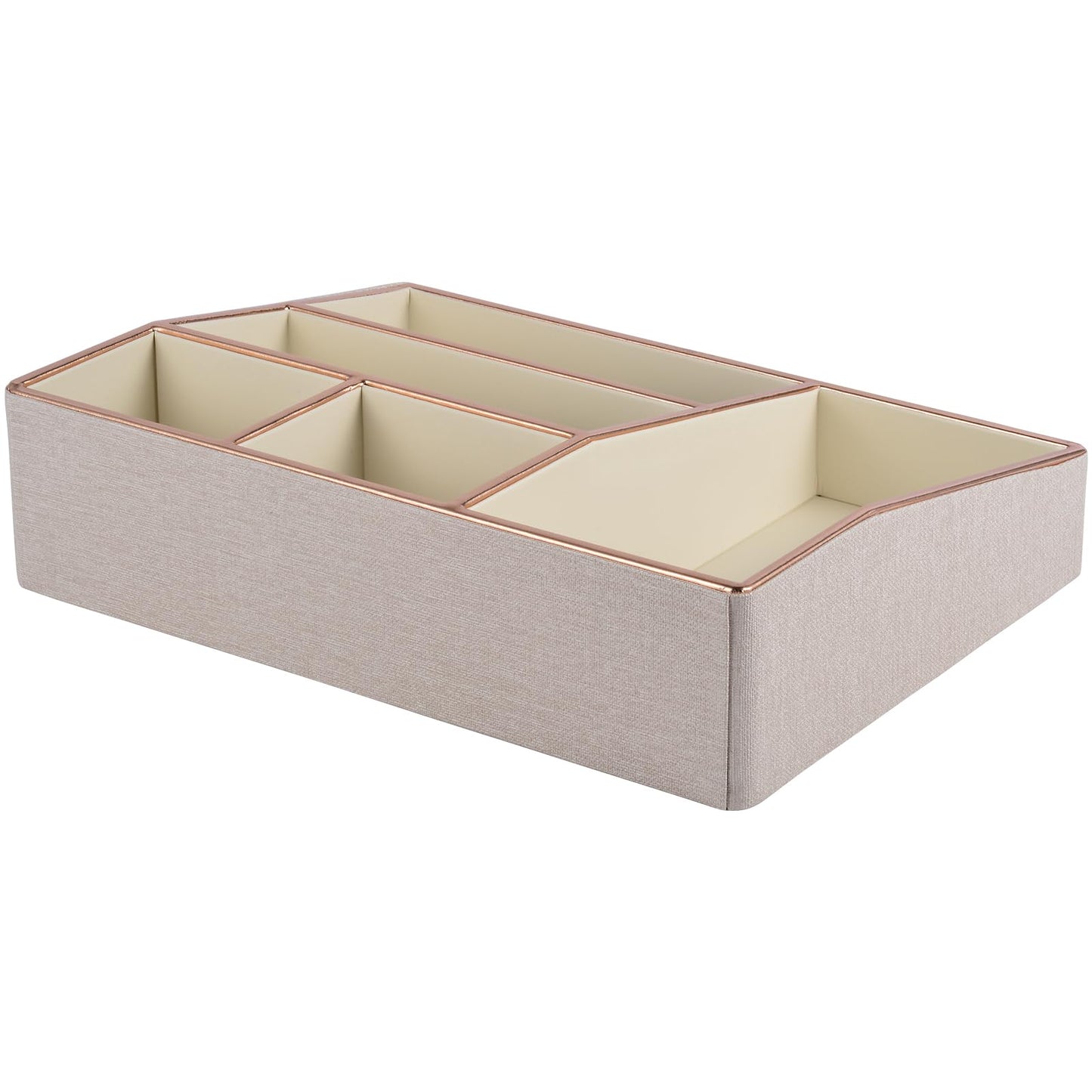PU Leather Makeup Organizer Tray,Large Vanity Organizer,Cosmetic Storage Box for Lipstick Brushes Skincare Perfume,Cosmetic Display Case Rose Gold-trimmed for Dresser,Bathroom Countertop(Beige)