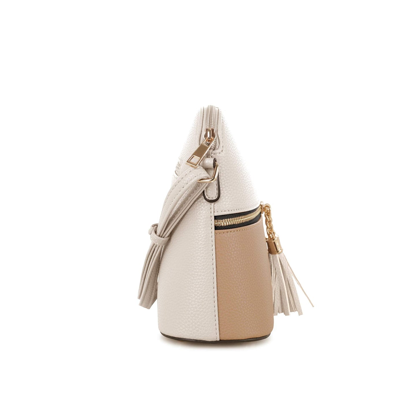 SG SUGU Lunar Lightweight Medium Dome Crossbody Bag Shoulder Bag with Double Tassels | Zipper Pocket | Adjustable Strap|White/Taupe