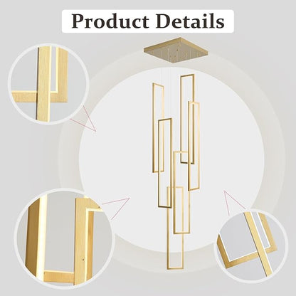Flashing God Modern Chandelier,Gold Chandeliers with 6 Ring Led Foyer Chandeliers,Larger High Ceiling Chandelier for Living Room,Rectangle Chandelier for Entryway Staircase LED Dimming 2700k-6001k
