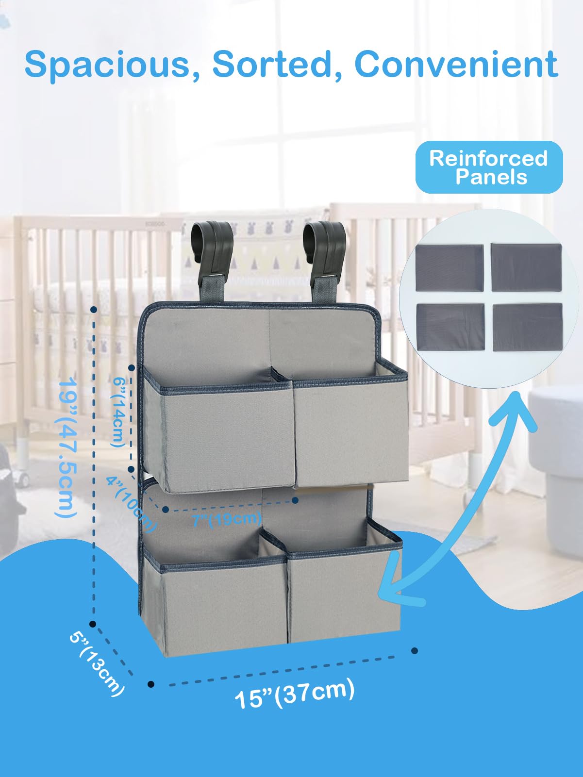 KIKJOK Hanging Diaper Organizer for Crib/Playpen/Bassinet – Hold 80+ Diapers - 4 Deep Pockets-H19in x L15 in Changing Table Diaper Holder - Hanging Diaper Stacker Nursery Caddy Organizer - Grey