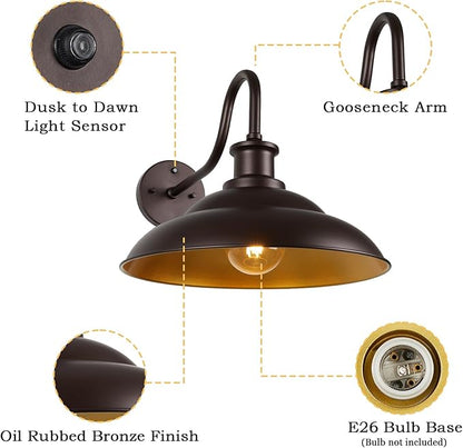 Dusk to Dawn Outdoor Gooseneck Barn Light Fixture, 16 Inch Dome Large Wall Sconce Farmhouse Exterior Wall Mount Light for House Garage Patio Doorway, 1 Pack