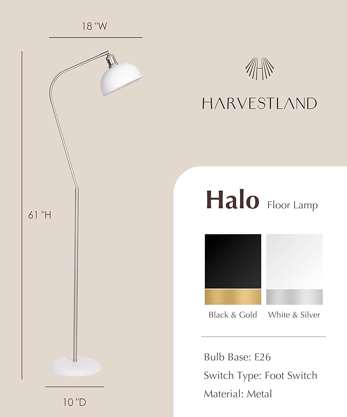 HarvestLand Halo Brass Floor Reading Lamp – Adjustable Pharmacy Floor Lamp with Solid Base, Reading Lamps Floor Standing, White Floor Lamp for Living Room or Over Chair Use, Bedroom, Antique Décor