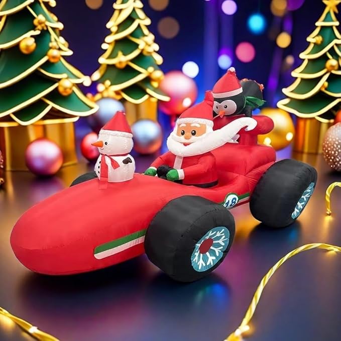 8FT Christmas car Inflatable Old Man, Santa Claus Snowman Penguin Driving Racing car, Built-in LED Lights and Blower, Christmas Inflatable Outdoor Decoration Lawn Patio Christmas Outdoor Decoration.