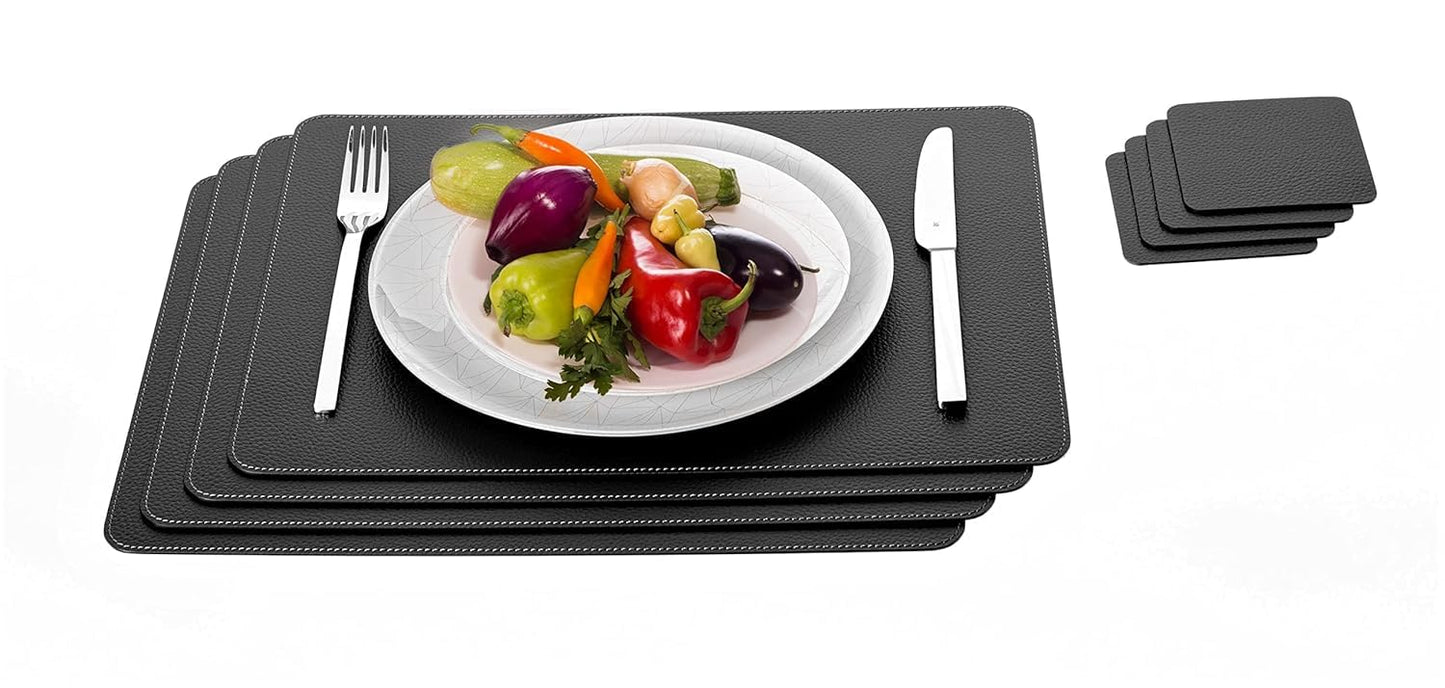 Nikalaz Set of Black Placemats and Coasters, 4 Table Mats and 4 Coasters, Recycled Leather, 18'' x 13''
