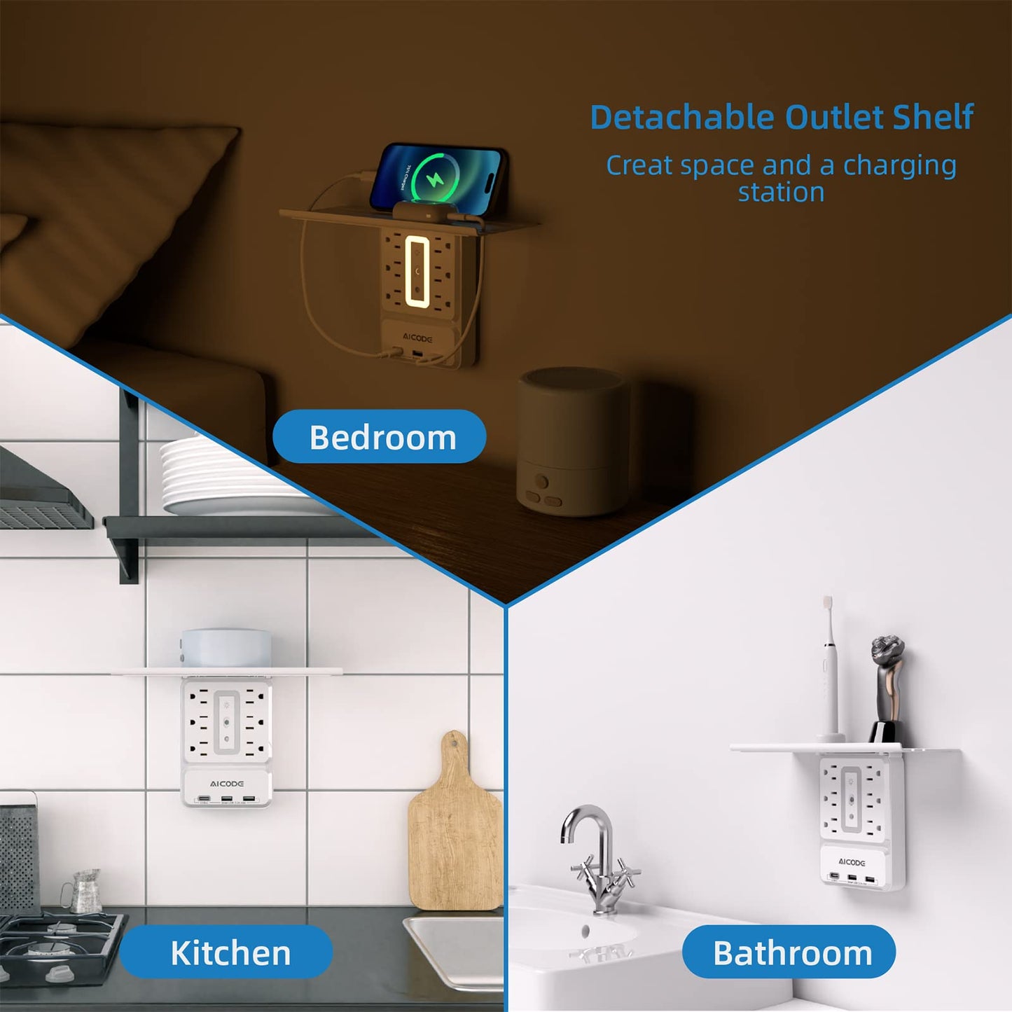 Wall Outlet Extender with Shelf, USB C Outlet with Surge Protector with Nightlight,6 Outlets with 3 USB Ports(2 USB A*1 USB C) Plug Expander Charger Large Shelf with Storage for Bathroom,Kitchen,Dorm