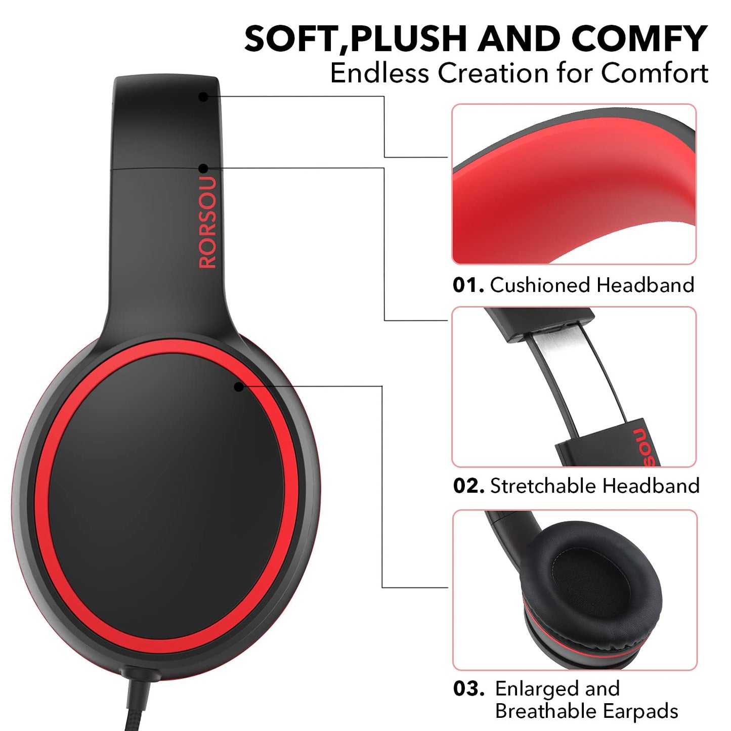 RORSOU R10 Over-Ear Headphones with Microphone, Lightweight Folding Stereo Bass Headset with 1.5M No-Tangle Cord, Portable Wired Headphones for Smartphone Tablet Computer MP3 / 4 (Black)